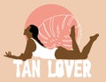 Tan lover. Vector hand drawn illustration of woman with palm leave isolated.