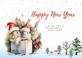 New Year card with three rabbits in a Santa Claus hat