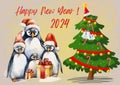 New Year card with penguins, gifts, New Year tree