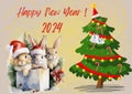 New Year card with three rabbits, gifts, New Year tree