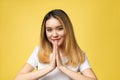 Tan Skin Female Model in white Shirt. Beauty Fashion Look style in yellow background in Studio Lighting,hello sawadee