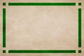 Tan textured parchment paper background. Green geometric border trim. Rectangle lines, squares in corners.