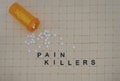 Tiles in a Row Spelling Pain Killers and White Tablets on a Tile Royalty Free Stock Photo