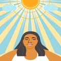 A tan woman under the sunlight for get more vitamin D from the sun in flat vector illustration