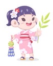 Tanabata festival, girl in kimono dress cartoon illustration