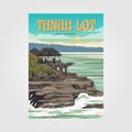 tanah lot bali travel poster vintage illustration design, tanah lot temple with sunset view design