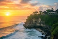 Tanah Lot temple on Bali island, Indonesia at sunset, Seascape, ocean at sunset. Ocean coast with waves near Uluwatu temple at