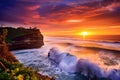 Tanah Lot Temple at sunset, Bali island, Indonesia, Seascape, ocean at sunset, Ocean coast with waves near Uluwatu temple at