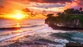 Tanah Lot temple at sunset, Bali island, Indonesia, Seascape, ocean at sunset. Ocean coast with waves near Uluwatu temple at