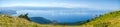 Tandem Paraglider flying over the Lake Ohrid in soutwest of macedonia.panorama shot with albanian side