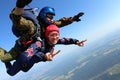 Skydiving tandem is falling in the blue sky. Royalty Free Stock Photo