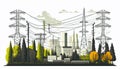 Tangent towers in mountains, high voltage power line pylons, power supply. Generative AI