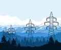 Tangent towers in mountains, high voltage power pylons, power supply Royalty Free Stock Photo