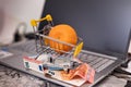 Tangerine in a basket and banknotes on a laptop keyboard