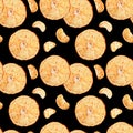 Tangerine cut seamless pattern isolated on black background. Tropical pattern. Summer holidays. Watercolor illustration Royalty Free Stock Photo