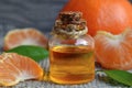 Tangerine essential oil in a glass bottle with fresh mandarin fruit on old wooden table. Royalty Free Stock Photo