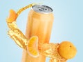 Tangerine fruit soda in an iron can splash of water with slices of fruit around the bottle 3dender on blue gradient