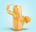Tangerine fruit soda in an iron can splash of water with slices of fruit around the bottle 3dender on blue gradient gradient