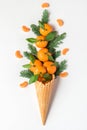 Tangerine fruits in waffle ice cream cone with fir tree branches on white background. winter Christmas food concept Royalty Free Stock Photo