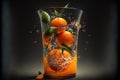 Tangerine juice glass. Juice splashes. Refreshig fruits concept. Liquid fruits. Generative AI