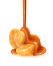 Tangerine slices in caramel sauce flowing