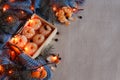 Tangerine, a warm scarf and Christmas lights against the gray linen Royalty Free Stock Photo