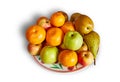 Tangerines, apples and pears lie on a plate on white background with shadow Royalty Free Stock Photo