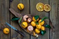 Tangerines citrus fruits with leaves.