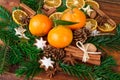 Tangerines mandarins fruits with christmas spices ans fir branch Royalty Free Stock Photo