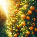 Tangerines on the orange tree in sunset light. Tangerines on the orange tree.
