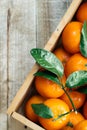 Tangerines oranges, clementines, citrus fruits with green leaves in a wooden box over light wooden background with copy space Royalty Free Stock Photo