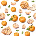 Tangerines. Watercolor drawing. Ripe peeled tangerine. Handwork. Tropical fruit. Healthy food. Seamless pattern for design