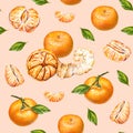 Tangerines. Watercolor drawing. Ripe peeled tangerine. Handwork. Tropical fruit. Healthy food. Seamless pattern for design