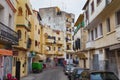 TANGIER, MOROCCO - MAY 26, 2017: Old yellow residential buildings in the historical part of Tangier in Northern Morocco