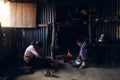 Mother and child in old kitchen