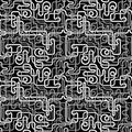 A tangle of different thickness lines on a black background. Doodle of intersecting white pipes. Seamless repeating pattern.