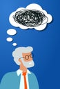 Tangle Thoughtful bearded elder man with tangled line speech bubble on a blue background. Man is looking for mental health