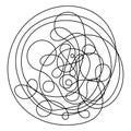 A tangled ball of curls. Hand drawn doodles. Wavy chaotic lines. Black and white illustration