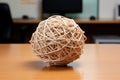 a tangled ball of string on a neat desk