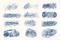 Tangled chaotic crazy lines set. Random blue chaotic scribble lines collection on white background. Scrawl messy lines