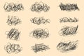 Tangled chaotic crazy lines set. Random chaotic scribble lines collection on yellow background. Scrawl messy lines