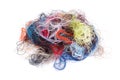 Tangled colorful sewing threads on white background