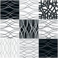 Tangled curvy lines seamless patterns set, vector repeat endless