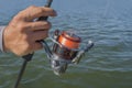 Tangled fishing line on reel. Fishing tackle problem
