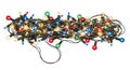 Tangled holiday lights glowing brightly on white Royalty Free Stock Photo