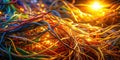 A tangled mass of colorful wires illuminated by warm light, a complex network of interconnected strands. Generative AI Royalty Free Stock Photo