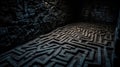 Tangled maze in dark background. Render of a labyrinth in the middle of a green forest.