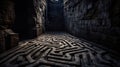 Tangled maze in dark background. Render of a labyrinth in the middle of a green forest.