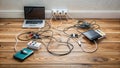 A tangled mess of electronic cords and devices on a wooden floor, showcasing the complexity of modern technology and the need for Royalty Free Stock Photo