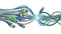 Tangled network cables converging into a single connection point Royalty Free Stock Photo